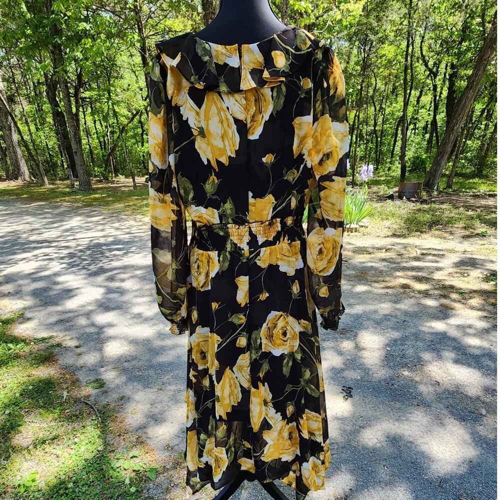 Karl Lagerfeld Paris Womens 16 Black & Yellow Floral Print Dress - Picture 3 of 7